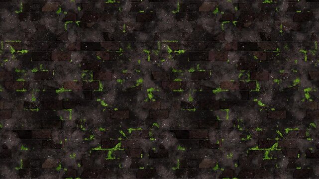 Grungy dark brick pattern with vibrant green moss, a seamless loop.
