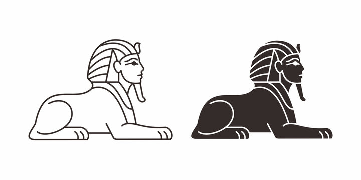 Great Sphinx of Giza Vector Illustration Set, Ancient Egyptian Statue Line Art and Silhouette Icon Isolated on White Background