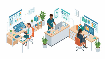 Fototapeta premium Modern office workspace with diverse team collaborating.