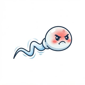 A cartoon sperm cell character is drawn with an angry face. The character has a round head and a long tail.