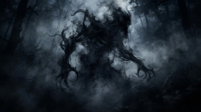 A Terrifying Dark Shadow Monster Manifesting Within a Thick Misty Forest Setting Creating an Eerie Atmosphere of Horror and Supernatural Dread