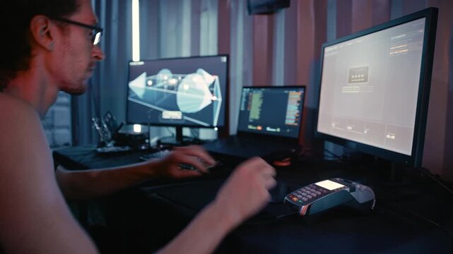 A cyberpunk-inspired hacker with long hair and glasses works with a simulated payment system in a high-tech workspace.