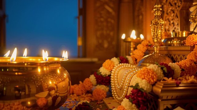 Golden Brass Lamps Lit for Hindu Indira Ekadashi Prayer Ceremony