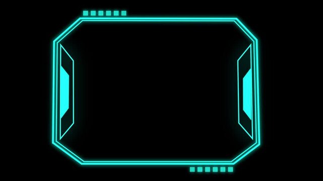 Neon frame futuristic animation features cyan interface HUD elements. Frame futuristic digital border loops cleanly on dark canvas. Futuristic animation layout is ideal for game streaming.