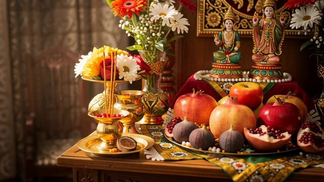Indira Ekadashi Hindu Ritual Setup with Offerings and Deities