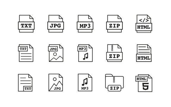 HTML, JPG, TXT, ZIP, and MP3 file extension outline icons set for web, media, text, archive, and audio content. Minimal vector line symbols for files, formats, and data in digital technology projects.