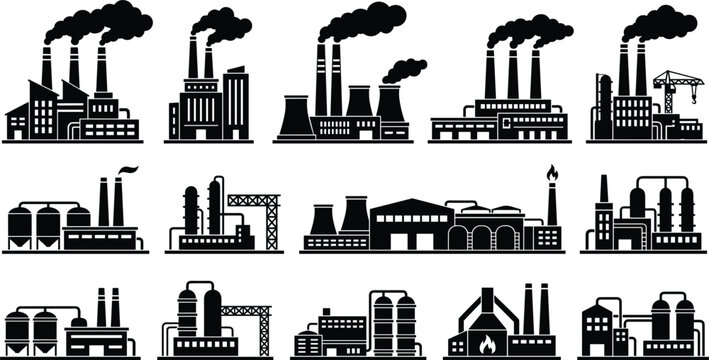 Heavy industry manufacturing factories power stations and chemical processing refineries with smoking chimneys solid black silhouette icons collection