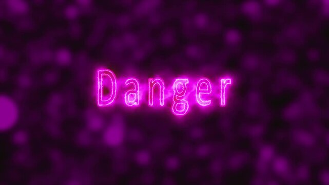 Danger text word animation displays neon pink warnings on dark screens. Text word alert graphic includes blurred purple bokeh details. Word animation layout loops for security intros.