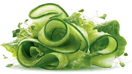 Obraz premium Fresh sliced cucumber ribbons arranged on a white background with microgreens.