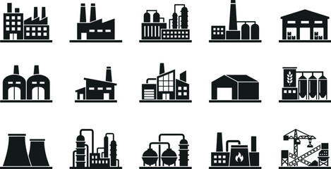 Obraz premium Industrial construction sites storage warehouses cooling towers and energy processing plants solid black silhouette icons collection for business design