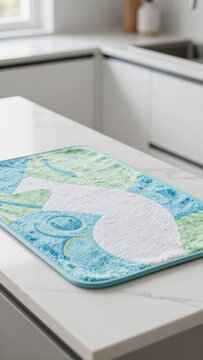 A blue-rimmed, absorbent drying mat rests on a white marble countertop. The mat's textured surface is visible, suggesting it's designed to quickly dry dishes and protect the countertop.