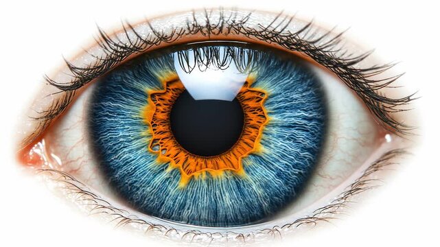 Detailed close-up of a human eye, blue iris with orange ring around pupil