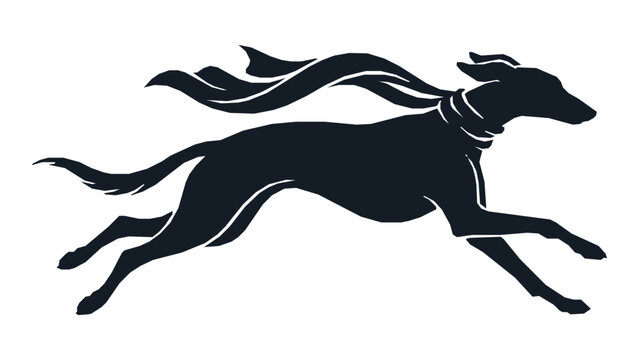 Graceful greyhound silhouette running with flowing scarf, elegant sighthound dog vector illustration, fast racing hound animal logo design
