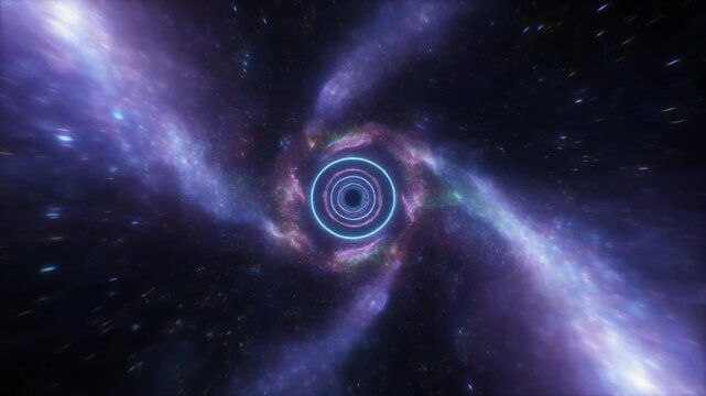 Cosmic Wormhole Tunnel with Concentric Glowing Rings and Galactic Spiral Effects