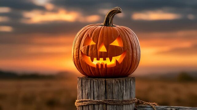 Jack O Lantern on a Wooden Fence Post at Sunset