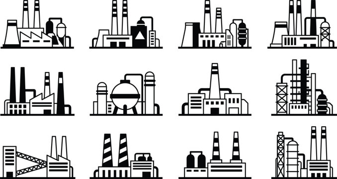 Industrial manufacturing factories oil gas processing complexes and chemical storage refineries thick bold linear icon set vector