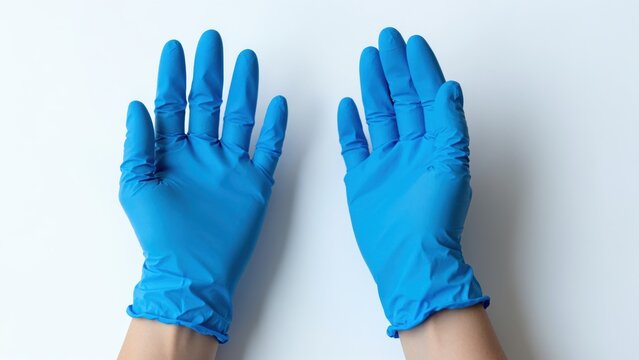 Pair of blue disposable gloves on white background