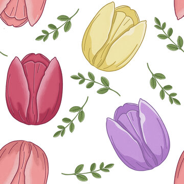 Hand drawn seamless floral pattern featuring colorful tulips in soft pastel shades with delicate greenery. Perfect for spring textiles, wallpaper, wrapping paper, and surface pattern collection.