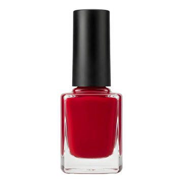 Bright crimson red nail polish glass bottle featuring a sleek black cap isolated against a clean solid white background surface