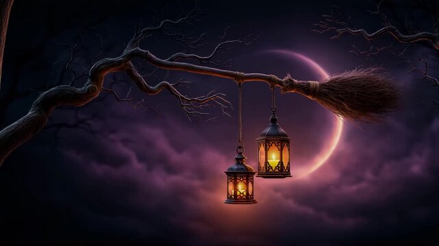 Silhouette of a Broomstick and Lanterns Against a Crescent Moon