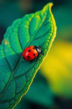 Macro close-up shot of a bright red ladybug walking on a textured green leaf
