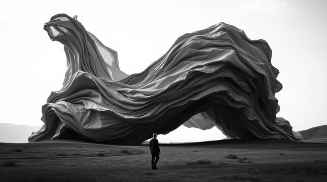 Surreal black and white artwork of a man standing before a massive flowing fabric sculpture