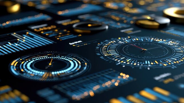 Futuristic digital interface with glowing blue and gold circular gauges data visualization technology dashboard high-tech control panel concept