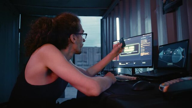 A fictional illegal cyber operation featuring a computer interface and payment terminal.