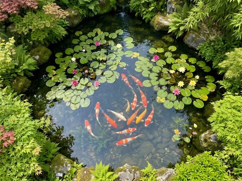 Tranquil Japanese garden pond with colorful koi