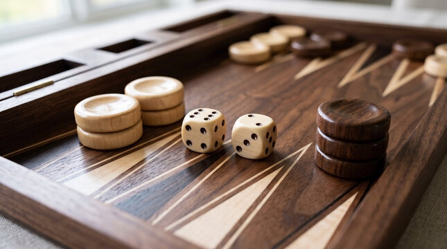 Backgammon pieces on wooden board with dice for game night enjoyment. Backgammon setup features classic pieces and dice ready for players, evoking competitive spirit and strategy.