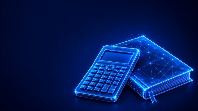 Digital calculator and textbook rendered in glowing blue geometric nodes. school supplies education of reading with calculator, mathematics, education. school supplies education of reading