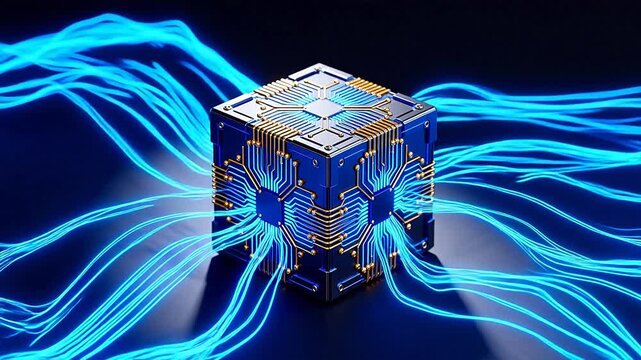 Cube with glowing circuit board
