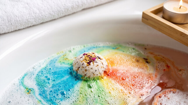 Colorful bath bomb fizzing in water creating vibrant hues in tub. Relaxing bath scene features exploding colors from bath bomb with gentle bubbles and candle on wooden tray.