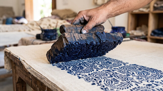 Block printing process with handmade ink stamp applying blue pattern on fabric surface. Artisans create unique designs with block printing technique using natural dyes.