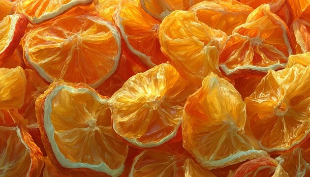 Close up top view of sun dried mandarin orange slices texture background with translucent fruit pulp