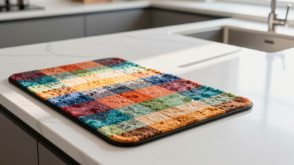 Fototapeta premium A colorful, textured dish drying mat sits on a clean white countertop. The mat features a vibrant, multi-colored pattern. It appears designed for absorbing moisture and protecting the surface below.