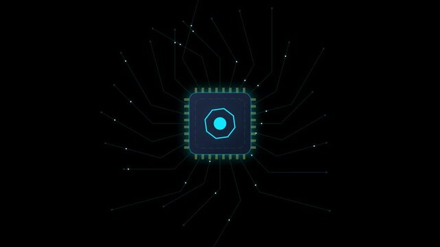 Abstract digital representation of a central processing unit with glowing circuit lines on a dark background.
