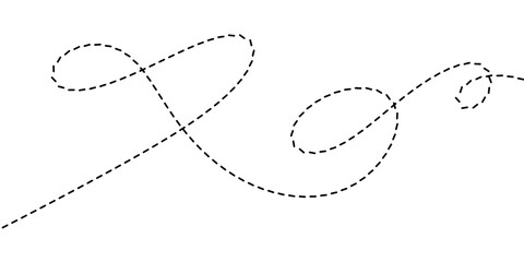 Abstract dashed line path with decorative loops and swirls on white background minimalist graphic design element for travel or flight routes © Sunami