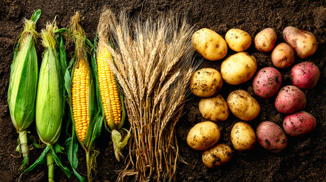 Corn, wheat, and potatoes are arranged on dark soil, showcasing fresh produce from the farm. The details highlight the textures and colors of the food