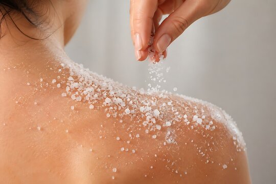 Hand applying body scrub on shoulder skin exfoliation skincare concept photography