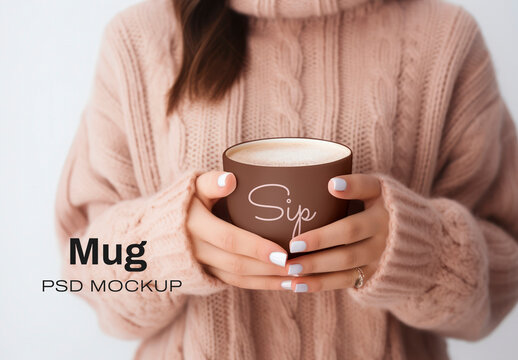 Cozy Sweater, Woman Holding Mug Mockup PSD