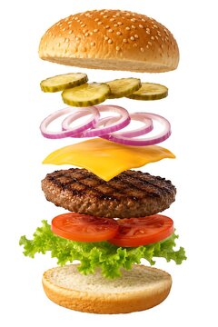 Exploded burger with layered ingredients flying flat lay food photography