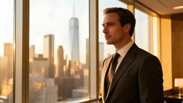 A businessman in a suit gazes thoughtfully out a window at a city skyline during sunset.