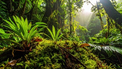 Naklejka premium Sunlight Piercing the Dense Rainforest Canopy Illuminating Lush Green Vegetation and Jungle Floor