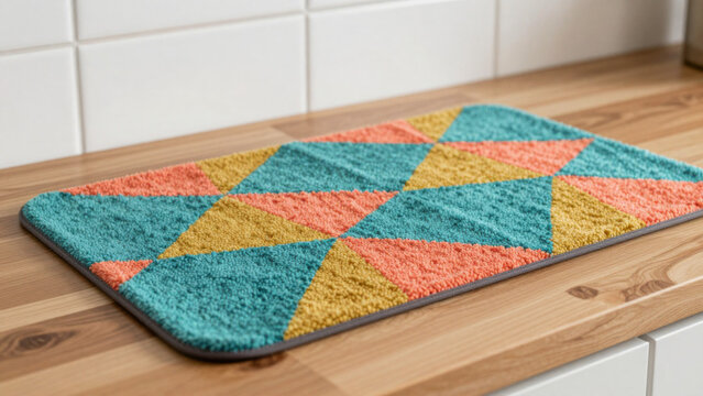 A colorful dish drying mat sits on a wooden countertop. The mat features a vibrant pattern of green and yellow sections. It's designed to absorb moisture and protect surfaces.