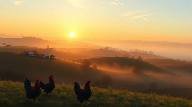 Three roosters standing on a grassy hill overlooking a misty valley at sunrise
