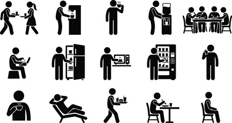 Obraz premium Set of stick figure icons representing office break room activities, lunch break, eating, drinking, relaxing, and social interaction