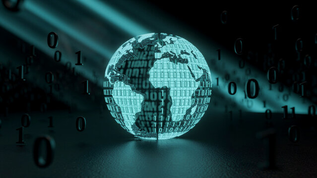 Glowing digital globe made of binary code on dark background. Floating binary numbers surround stylized world map representation. Cybersecurity and global data network concept for IT marketing.