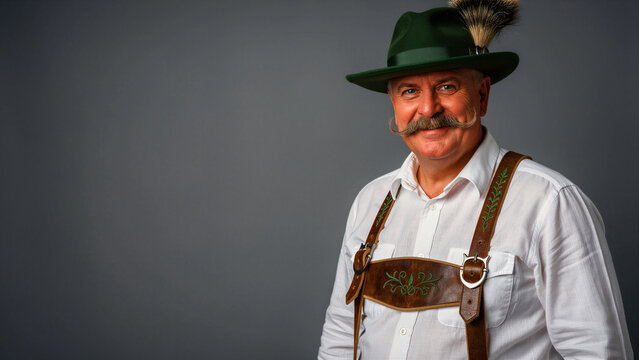 Senior man in traditional Bavarian attire smiling against a gray background. Wearing leather suspenders and a green Tyrolean hat. Cultural heritage and Oktoberfest concept for tourism marketing.