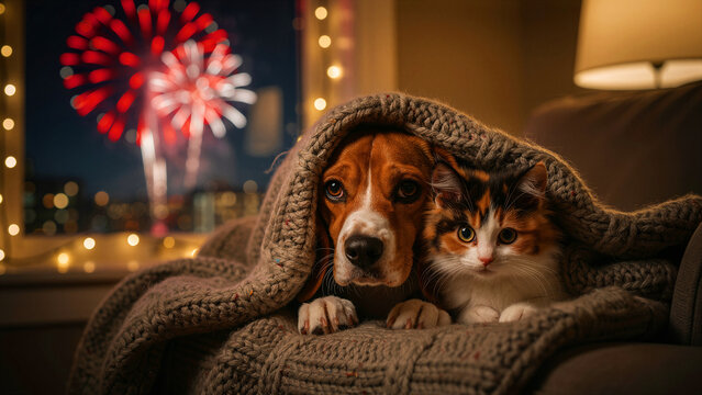 Beagle dog and calico kitten huddle together under a warm blanket indoors. Pets hide from fireworks visible through the window during a celebration. Pet safety and friendship concept.